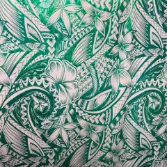 1 Yard Hibiscus Plumeria Polynesian Tattoo Polyester Foil Fabric, 36" x 60" Yard Unique Floral Shine for Apparel & Crafts Beige & Green