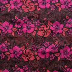 1 Yard Hibiscus Plumeria Monstera Leaf Polyester Fabric For Apparel Sewing And Tropical Crafts 60 Inch Fuchsia/Red