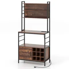 Coffee Bar Cabinet with S-Shaped Hooks and Wine Bottle Holders Rustic Brown