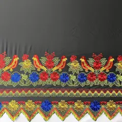 1 Yard Floral Bird Embroidered Double Border Polyester Fabric 56 Inch Width Black/Red