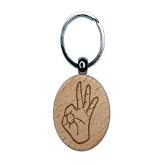 OK Okay Hand Sign Engraved Wood Round Keychain Tag Charm