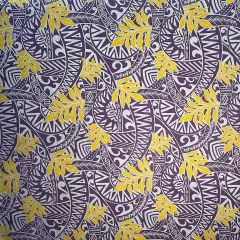 1 Yard Traditional Polynesian Tattoo Philodendron Leaves Chambray Denim Look Fabric For Apparel 60 Inch Purple & Yellow