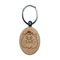 Fat Mobster Cat with Bowler Hat Engraved Wood Round Keychain Tag Charm