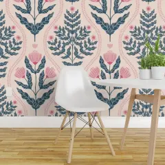 Peel & Stick Wallpaper 2FT Wide Preppy Floral Pink Blue Botanical Traditional Flowers Custom Removable Wallpaper by Spoonflower
