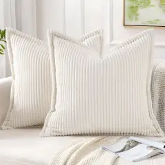 Corduroy Pillow Covers 18x18 Inch Set of 2, Striped Decorative Square Spring Throw Pillow Covers with Wide Border for Couch Living Room Bed, Cream White