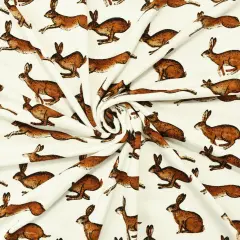 Brown-White Rayon Modal Rabbit Printed Stretch Spandex Jersey Knit Fabric By the Yard