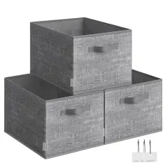 SONGMICS Storage Baskets, Set of 3 Fabric Storage Bins, 15.7 x 11.8 x 9.5 Inches, Foldable Closet Organizer for Shelves, 2 Handles, Label Holders, for Bedroom, Living Room, Cattail Gray UROB440G01