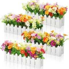 4 Sets Artificial Flower Plants in Pots Artificial Flowers for Outdoors Mixed Color Fake Daisies in Picket Fence Faux Plants for Indoor Outdoor Home Window Office Decoration(Multicolor)
