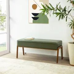 42.25"W Mid-century Modern Hunter Green Leatherette Bench with Walnut Rubberwood Legs