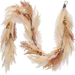 Fall Garland with Lights, 6ft Artificial Faux Pampass Grass