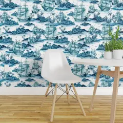 Pre-Pasted Wallpaper 2FT Wide Toile Monochromatic Tropical Novelty Ship Island Palm Trees De Jouy Custom Pre-pasted Wallpaper by Spoonflower