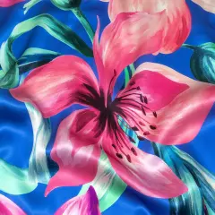 1 Yard Pink Cascade Blue Watercolor Lilies Silk Charmeuse 53 inch Width