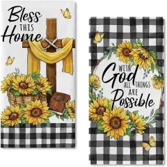 God All Things are Possible Christian Kitchen Dish Towels Set of 2, Religious Cross Sunflower Spring Summer Hand Towels Drying Baking Cooking Cloth, Fall Plaid Farmhouse Home Decor 18x26