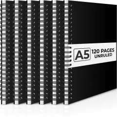 Unlined Spiral Notebook, 6 Pack, 8.3 x 5.8", 120 Pages (60 Sheets), Thick Black Water Resistant Cover, Thick No-Bleed 100 GSM Blank Paper, A5 Unlined Notebook, Travel Journal, Small Blank Sketchbook