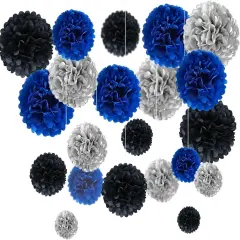 Navy Blue,Silver,Black Tissue Paper Pom Poms Flower Set-27PCS Ideal for Birthday,Bridal Showers,Wedding,Baby Shower Party Decorations (12",10",8",6)