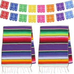 2 Packs Mexican Table Runner 14 x 84 inch, Serape Table Runner for Mexican Party Wedding Decorations Outdoor Picnics Dining Table, Fringe Cotton Table Runners with 2 Pack Mexican Party Picado