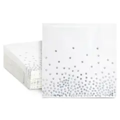 50 Pack Silver Foil Polka Dots Paper Napkins, 6.5 Inch White and Silver Confetti Style Cocktail Napkins for Wedding, Anniversaries, Birthdays, Parties (3-Ply)