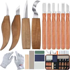 17Pcs Wood Carving Tools Kit - Beginner's Wood Whittling Set with 6Pcs Carbon Steel Knife, Gloves, Knife Sharpener for Spoon, Bowl, Kuksa Cup
