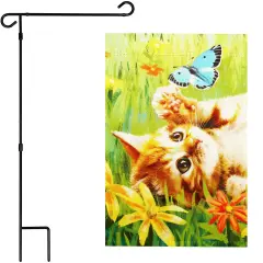 G128 Combo Pack: Garden Flag Stand 36x16IN & Garden Flag Kitten Butterfly Flowers Printed 12x18IN Double Sided