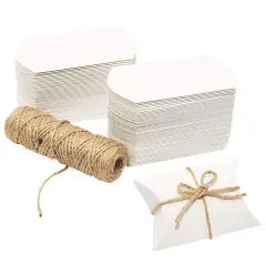 Mini Paper Pillow Gift Box Set with Jute Twine (3.5 x 2.5 x 1.25 Inches, 100 Pack) White