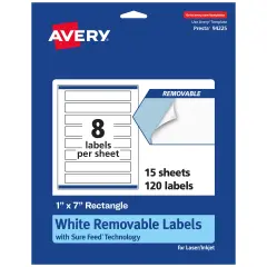 Avery Matte White Removable Rectangle Labels with Sure Feed Technology, Print-to-the-Edge, 1" x 7"