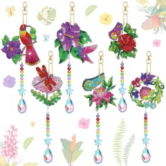 6 Pcs Diamond Art Kits Birds Diamond Wind Chimes Kit Diamond Art Suncatchers Double Sided Flower Ornaments with Crystal Pendant for Adults DIY Spring Summer Home Garden Hanging Ornament