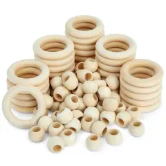 Bright Creations Set of 50 Wooden Beads and 30 Wood Rings for Macrame, DIY Pendant Connectors, Wall Hanging Craft (Rings 2.2 in/Beads 20mm)