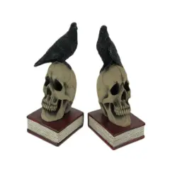 Evil Omen Raven On Skull Perch Decorative Bookend Set