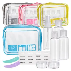 Set of 4 TSA Clear Toiletry Bags with Empty TSA Approved Travel Containers For Packing, Assorted Colors Multicolor
