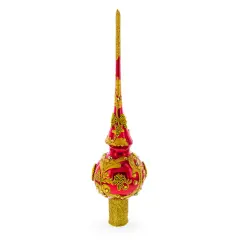 Luxurious Crimson Red with Golden Glitter Glass Christmas Tree Topper