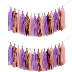 Pink Purple Rose Gold Tissue Paper Tassel Garland,Tissue Tassel Banner for Party Decorations,Pack of 15