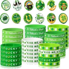 72 Pieces St. Patrick's Day Party Favors Including Green Shamrock Bracelet Lucky Rubber Wristbands Irish Clover Badges Bulk for Saint Patrick's Day Accessories Set Birthday Party Supplies Decor