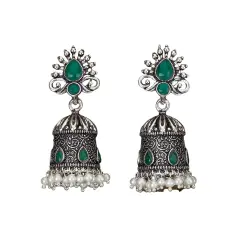 Indian Oxidized Jhumka Earrings for Women - Vintage Indian Jhumki Ethnic Chandbali Earrings Faux Pearls with Oxidized Platting Bollywood Style Dangle Earring Jewelry for Bride Gift for Her GREEN