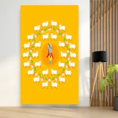 Lord Krishna Backdrop with Cow Indian Traditional Cloth Pooja Backdrop Indian Wall Art Photo Decor Banner Designer Wall Hangings Diwali Decor Wedding Housewarming Gift Yellow
