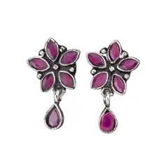 Indian Flower Stud Earrings For Women - Faux Pearl Tassel Round Earrings Small Tops Earring Bollywood Style Dangle Drop Earring Chandelier Jhumki Jewelry for Bride - Birthday Gift for Her Ruby