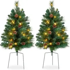 24.5in Pre-Lit Outdoor Christmas Trees, Battery Operated Holiday Pair with LED Lights Green