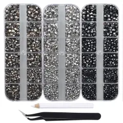4500pcs+ Flatback Glass Hotfix Iron On Rhinestones Crystal for DIY Making with 1 Tweezer & 1 Picking Pen for Shoe, Cloth, Face Art, Bag, Manicure (3-Sizes,3-Colors, Black Color Series)