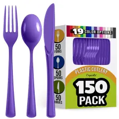 Exquisite Polished Plastic Silverware &ndash; 150 Pcs Heavy Duty Cutlery Set &ndash; 50 Each of Forks, Knives & Spoons &ndash; Disposable Utensil Set for Parties, Events & Catering &ndash; Flatware Set by Party Solids Purple