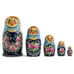 Set of 5 Blue Floral Dress Girls Wooden Nesting Dolls 7 Inches