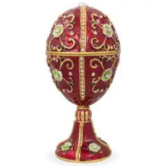 Green Flowers on Red Enamel Royal Inspired Imperial Metal Easter Egg