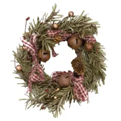 12"High Green Rustic Holiday Pine Ring with Mix of Berries, Pine-Cones and Rusty Bells