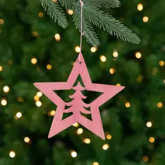 Northlight Cut Out Pine Tree in Wooden Star Christmas Ornament - 4"- Pink