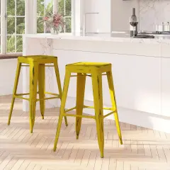 Merrick Lane Elba Series Metal Stool with Powder Coated Finish and Integrated Floor Glides Yellow