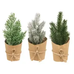 Faux Evergreen Mini Trees with Snow Frost and Jute Tie Rustic Paper Wrapped 3 Asstd.