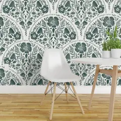 Peel & Stick Wallpaper 2FT Wide Dark Teal Floral Block Print Botanical Cottagecore Linocut Moody Scalloped Flowers Custom Removable Wallpaper by Spoonflower