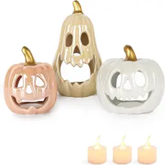 Set of 3 -Ceramic Pumpkin with 3 Tea Lights, Jack-O-Lantern Candle Holder