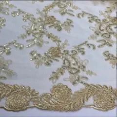 1 Yard Beige Corded Mesh Lace Fabric with Sequins Double Scalloped Embroidery, 54&rdquo; Wide