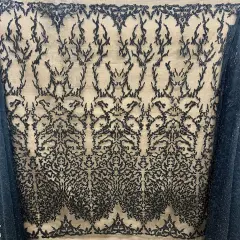 1 Yard Rose Gold Beaded Lace Fabric, Embroidered Polyester Mesh, 52" Wide Black