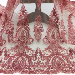 1 Yard Beaded Lace Fabric on 100% Polyester Net Mesh, Light Coral, Embroidered Lace, 48" Wide Lt. Coral