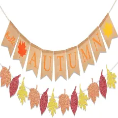 2pcs-Jute Burlap Hello Autumn Maple Leaf Banner, Fall Party Supplies Buntting